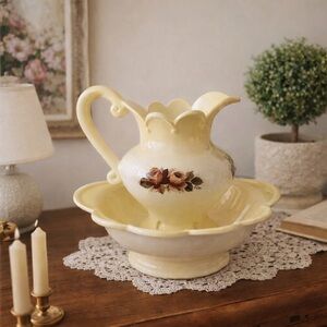 Vintage Floral Ceramic Pitcher and Basin Set